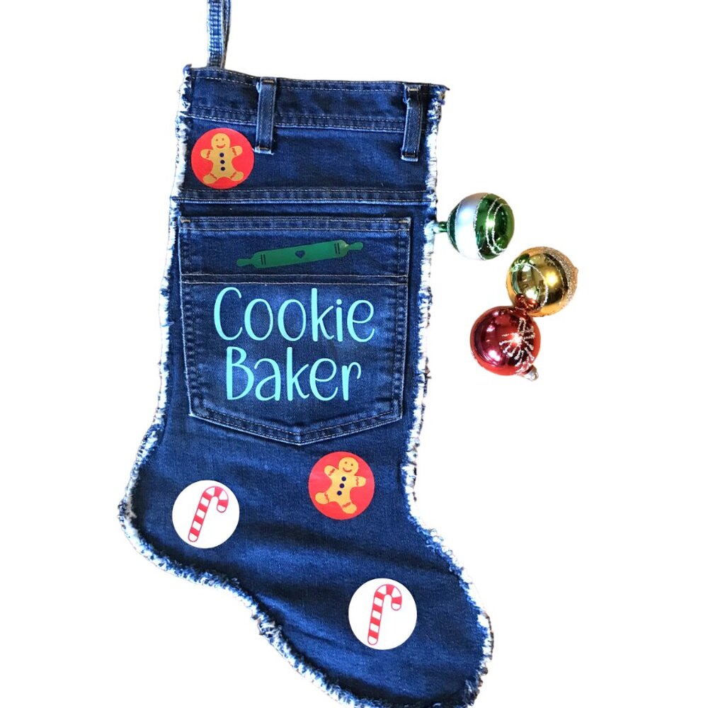 Handmade Denim Christmas Stocking w/Pocket, Cookie Baker Sweets Graphic Size L